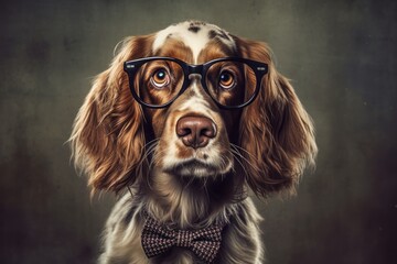 Headshot portrait photography of a cute cocker spaniel wearing a hipster glasses against a dark grey background. With generative AI technology