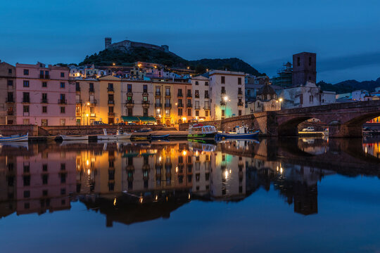 View over Temo River of Bosa and Malaspina Castle, Bosa, Oristano district, Sardinia, Italy, Mediterranean