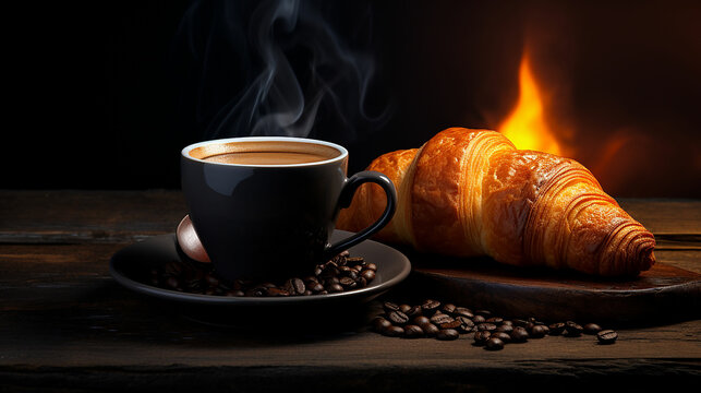 crossiant with hot coffee over dark background. Made with generative ai