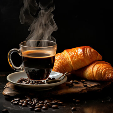 crossiant with hot coffee over dark background. Made with generative ai