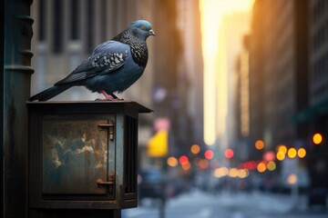 a pigeon perched on a vintage metal mailbox in a city street © Alfazet Chronicles