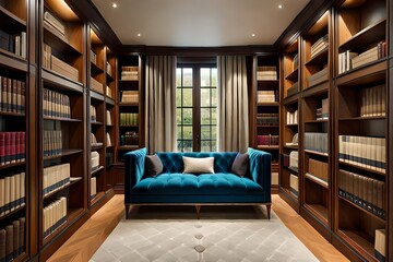 A cozy reading nook in a hotel library, with colorful bookshelves and soft, plush seating. - obrazy, fototapety, plakaty