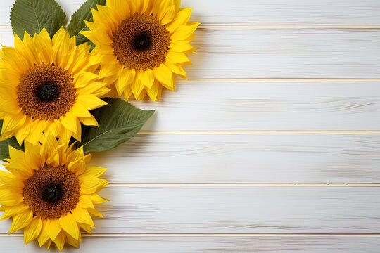 three sunflowers with leaves on a white wooden table top view, floral rustic background flat lay with copy space