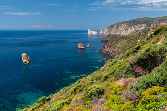 Costa Verde with Pan de Zucchero and Agusteri rock, Nebida, Sud Sardegna district, Sardinia, Italy, Mediterranean