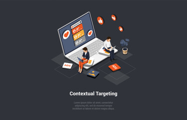 Contextual Targeting, Ppc Online Advertising Concept. Marketing Context Campaign With Laptop, Developers Teamwork With Ads, And Icons, Analytics, Strategy. Isometric 3d Cartoon Vector Illustration