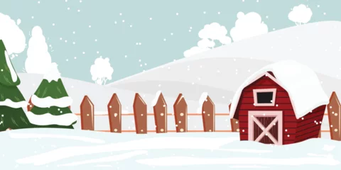 Fototapeten Winter illustration of a red barn in the snow, fir trees. Outdoor snowing © Marina