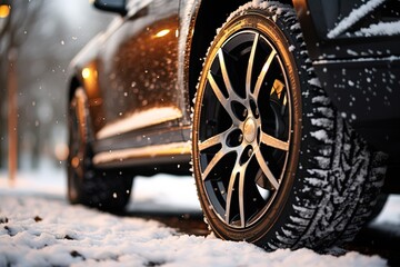 side view of wheels with winter tires on a black car on a snowy road in the evening