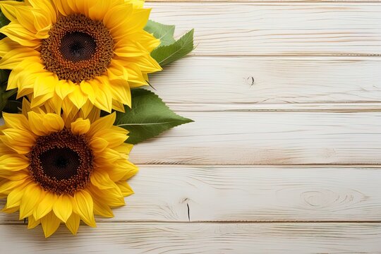Beautiful sunflowers on a white wooden table top view, floral autumn background flat lay with copy space