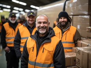 Foto op Canvas Group of positive middle-aged male employees, workmates posing in warehouse. Portrait of staff, company workers wear orange vests uniform smiling looking at camera. Shipment, logistics and freight © fizkes