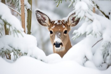a white-tailed deer peeking from behind a christmas tree in the snow