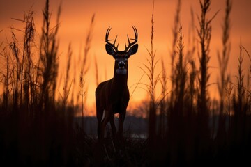 a deer silhouetted by the sunset, standing amidst tall grass