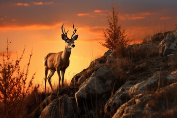 a solitary deer standing on a hilltop against the setting sun