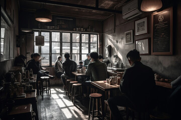 Within a bustling cafe, the aroma of freshly brewed coffee mingled with the chatter of patrons, a diverse tapestry of lives intersecting over shared cups of warmth and conversation. - obrazy, fototapety, plakaty