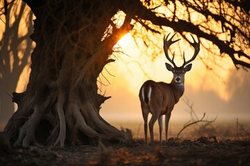 a deer standing near a tree, its shadow stretching out at sunset