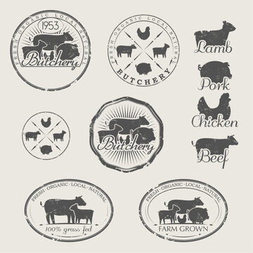 A set of labels for butchery. Icons of beef, pork, lamb and chicken