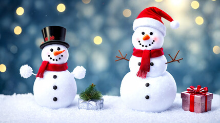 Obraz premium Christmas banner with two cheerful snowmen and gifts against a festive background of bokeh lights.