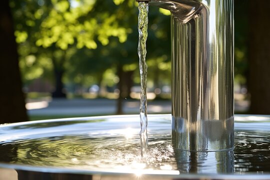 close-up of a stainless steel drinking fountain in a public park