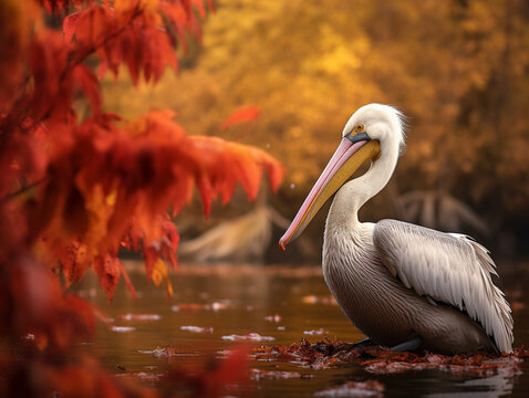 A Photo of a Pelican in an Autumn Setting
