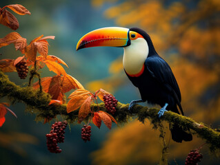 Obraz premium A Photo of a Toucan in an Autumn Setting