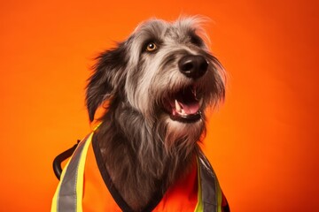 Close-up portrait photography of a happy irish wolfhound dog wearing a safety vest against a tangerine orange background. With generative AI technology