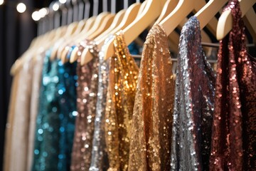 close-up of a row of glamorous sequin evening gowns hanging on a rack