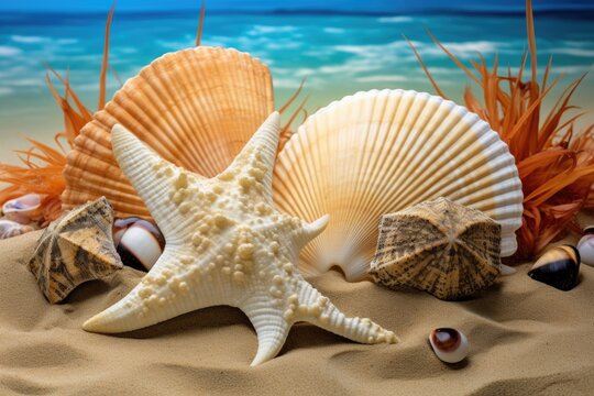 hand fan with seashells and starfish on sandy beach