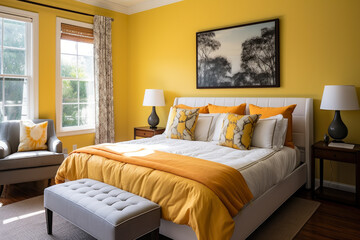 Embrace the Warmth and Elegance of a Cozy Mustard Yellow Bedroom, Vibrant and Inviting with Trendy Furniture, Modern Accents, and Captivating Wall Art, Creating a Stylish and Comfortable Ambiance.