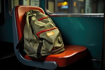 a lone backpack sitting on an empty school bus seat