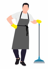 Man street cleaner holding broom in full length on white isolated white background. Garbage dumping . Winter dustmen. Waste cleaner and waste management concept. 