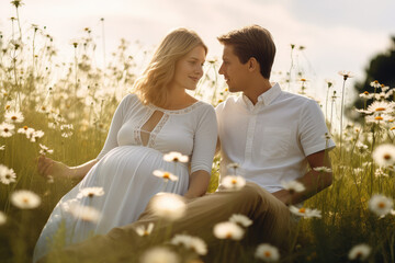beautiful pregnant woman and her husband enjoying the summer sun on a flowers meadow