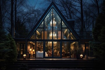 the exterior of a dramatic glass-house at night