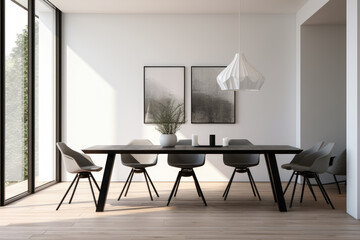 Embrace the Serene Sophistication of a Stylish Minimalist Dining Room with Sleek Furniture, Clean Lines, and a Tranquil Monochromatic Color Palette