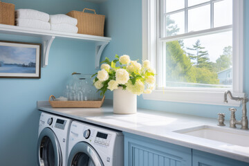 Embrace Coastal Tranquility with a Serene Laundry Room featuring a Fresh Blue and White Color Scheme, Airy Storage, and Coastal Charm.