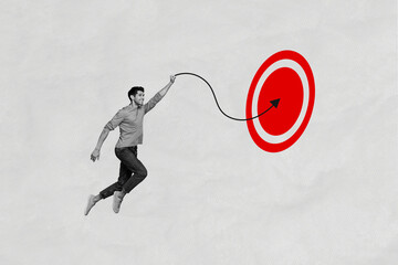 Funny young male student fly sketch picture collage dartboard bullseye trajectory motivation become rich isolated on grey background © deagreez