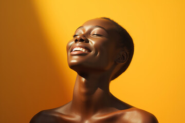 Femininity and beauty, female portrait naked happy african american young beautiful woman with short hair enjoying with closed eyes on yellow background