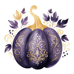 Decorative gold pumpkin. Halloween decor on a white background.