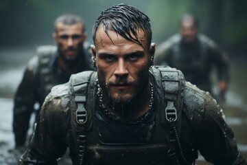 Fototapeta premium Group of Navy SEALs during intense physical training exercises, Generative AI