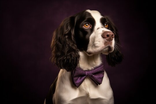 Photography in the style of pensive portraiture of a cute english springer spaniel wearing a tuxedo against a deep purple background. With generative AI technology