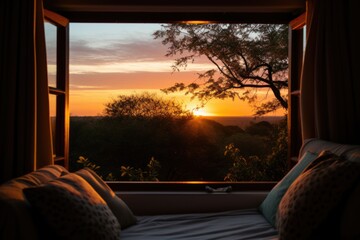a sunset view through the window of a quiet room