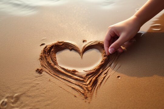 a hand drawing heart shapes on sand