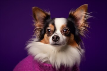 Fototapeta premium Lifestyle portrait photography of a funny papillon dog wearing a cashmere sweater against a deep purple background. With generative AI technology
