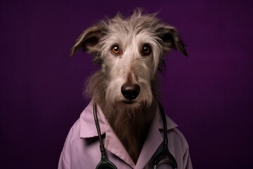 Medium shot portrait photography of a cute scottish deerhound wearing a doctor costume against a deep purple background. With generative AI technology