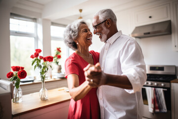 Joyful loving African senior elegant couple hold hands dancing together in cozy kitchen feel excited, enjoy their happy marriage and eternal love, celebrate anniversary. Affection, harmonic relations