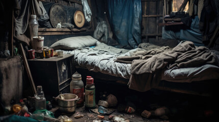 Abandoned vagrant bedroom in old house ruins. - obrazy, fototapety, plakaty