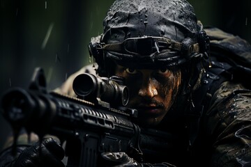 Navy SEAL sniper in a concealed position, focused on a target, Generative AI