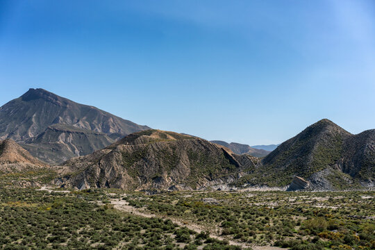 Tabernas desert landscape on a sunny day, Almeria, Andalusia