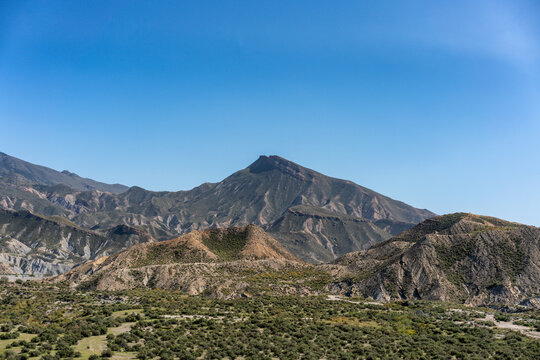 Tabernas desert landscape on a sunny day, Almeria, Andalusia