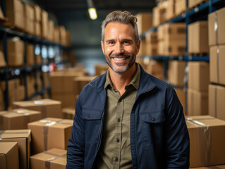 Fototapeta premium Positive happy middle-aged employee man in uniform smile look at camera posing against a lot of stacked cardboard boxes, parcels. Mature male worker standing in warehouse preparing goods for dispatch