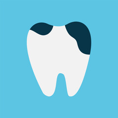 Tooth with caries on a blue background. Vector, flat style.