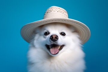 Medium shot portrait photography of a funny american eskimo dog wearing a sombrero against a sky-blue background. With generative AI technology - obrazy, fototapety, plakaty